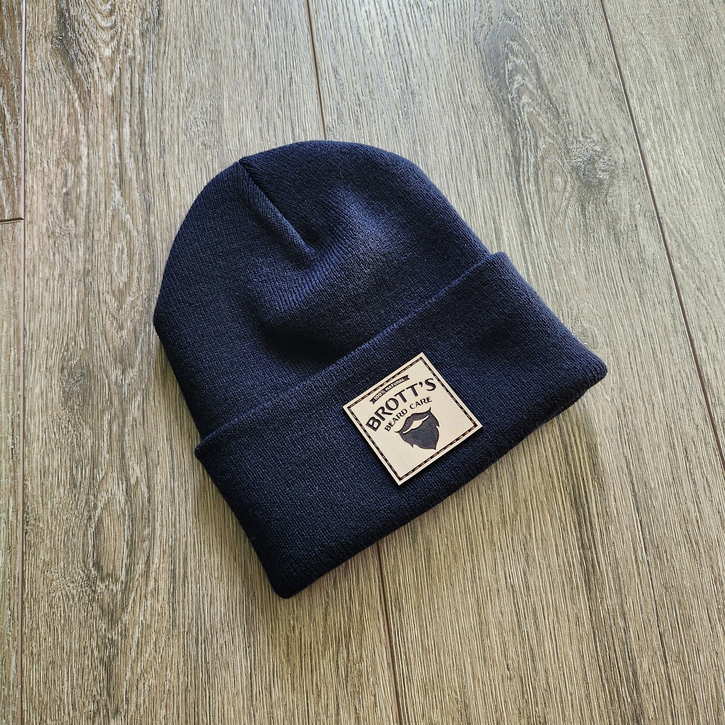 Black Brott's Beard Care Logo cuffed beanie with leather patch