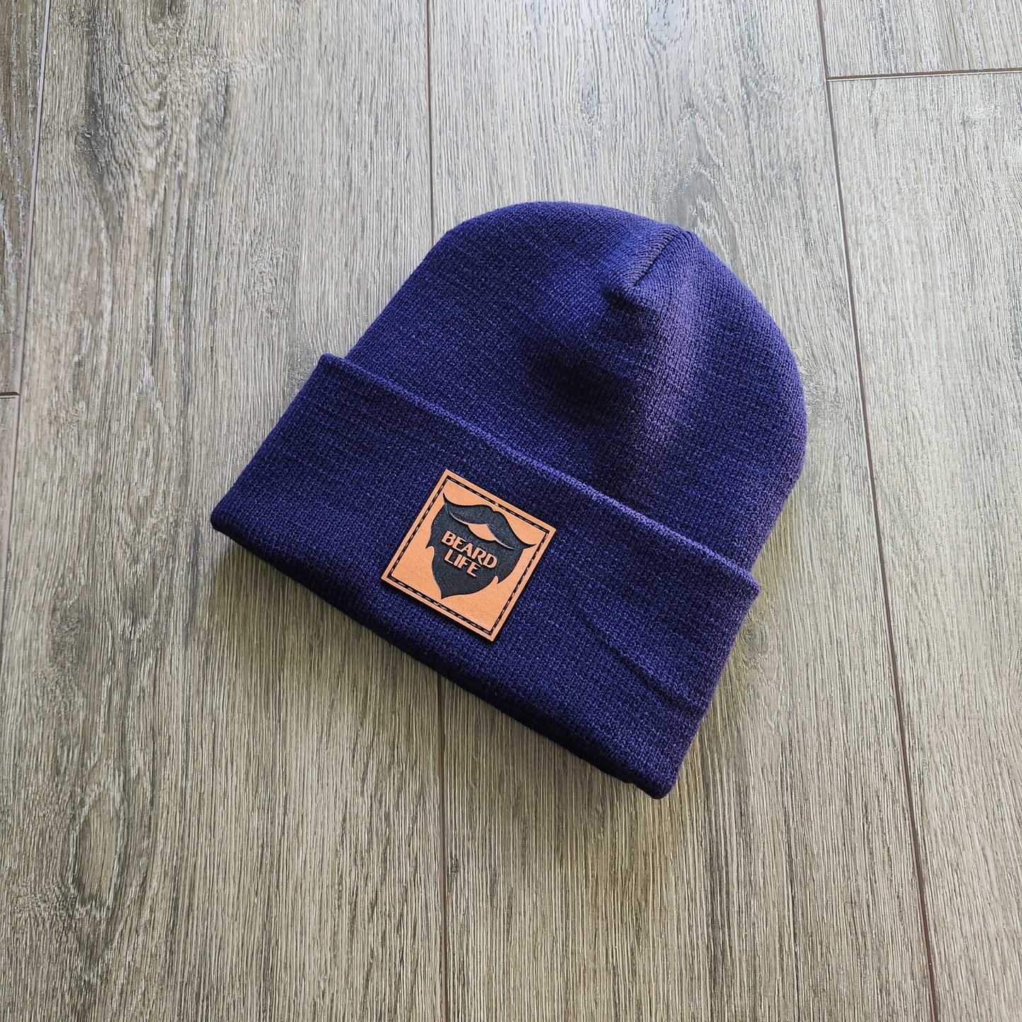 Navy blue Beard Life cuffed beanie with leather patch