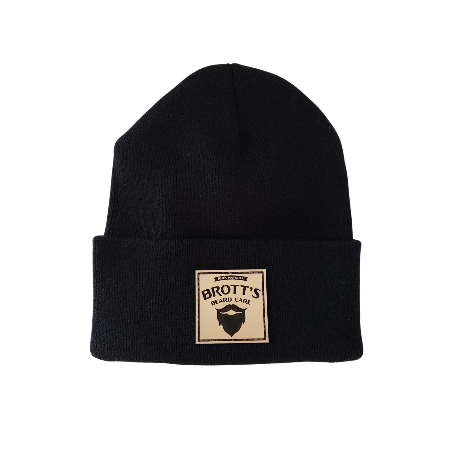 Black Brott's Beard Care Logo cuffed beanie with leather patch