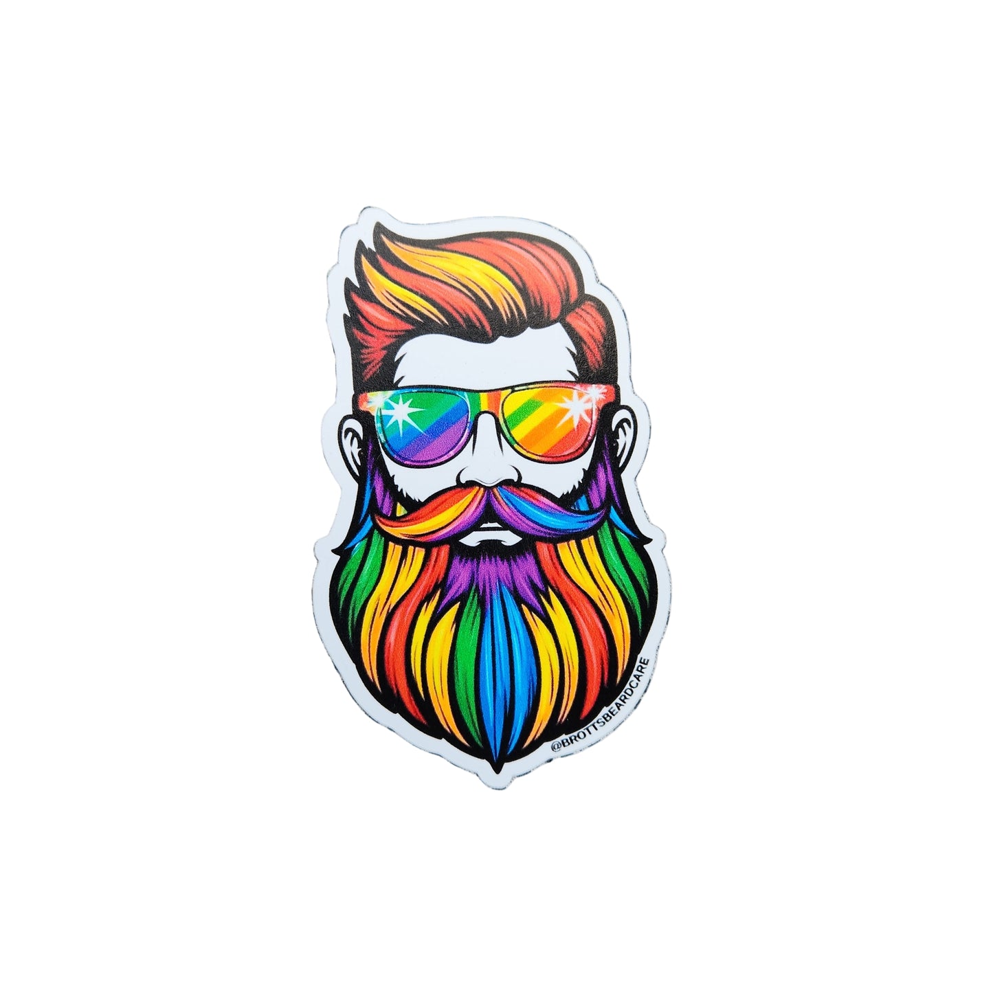 Sticker of a person with a rainbow beard and sunglasses on a white background