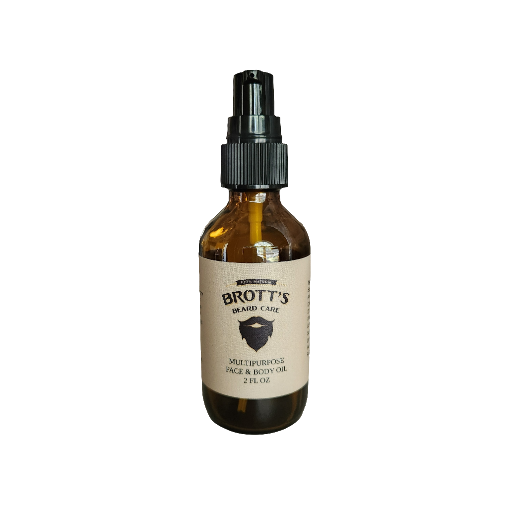 Bottle of Brotts Beard Care multipurpose face and body oil on a white background