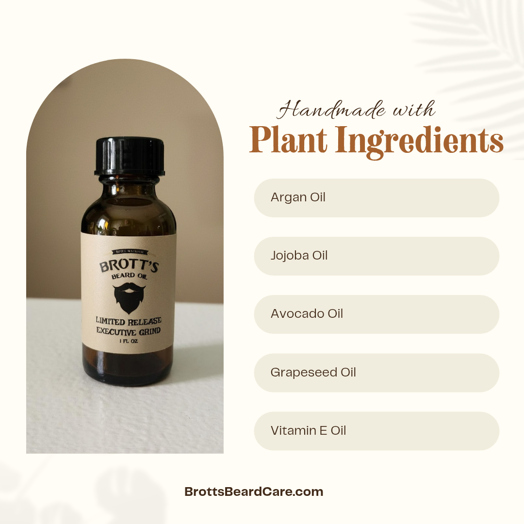 A bottle of beard oil with a list of the all natural ingredients used to make it.
