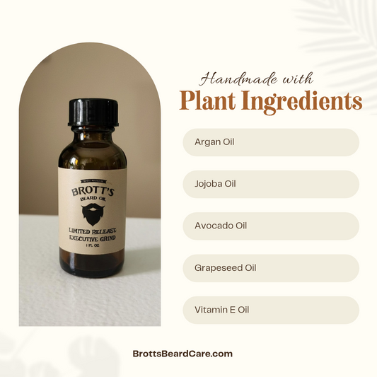 A bottle of beard oil with a list of the all natural ingredients used to make it.