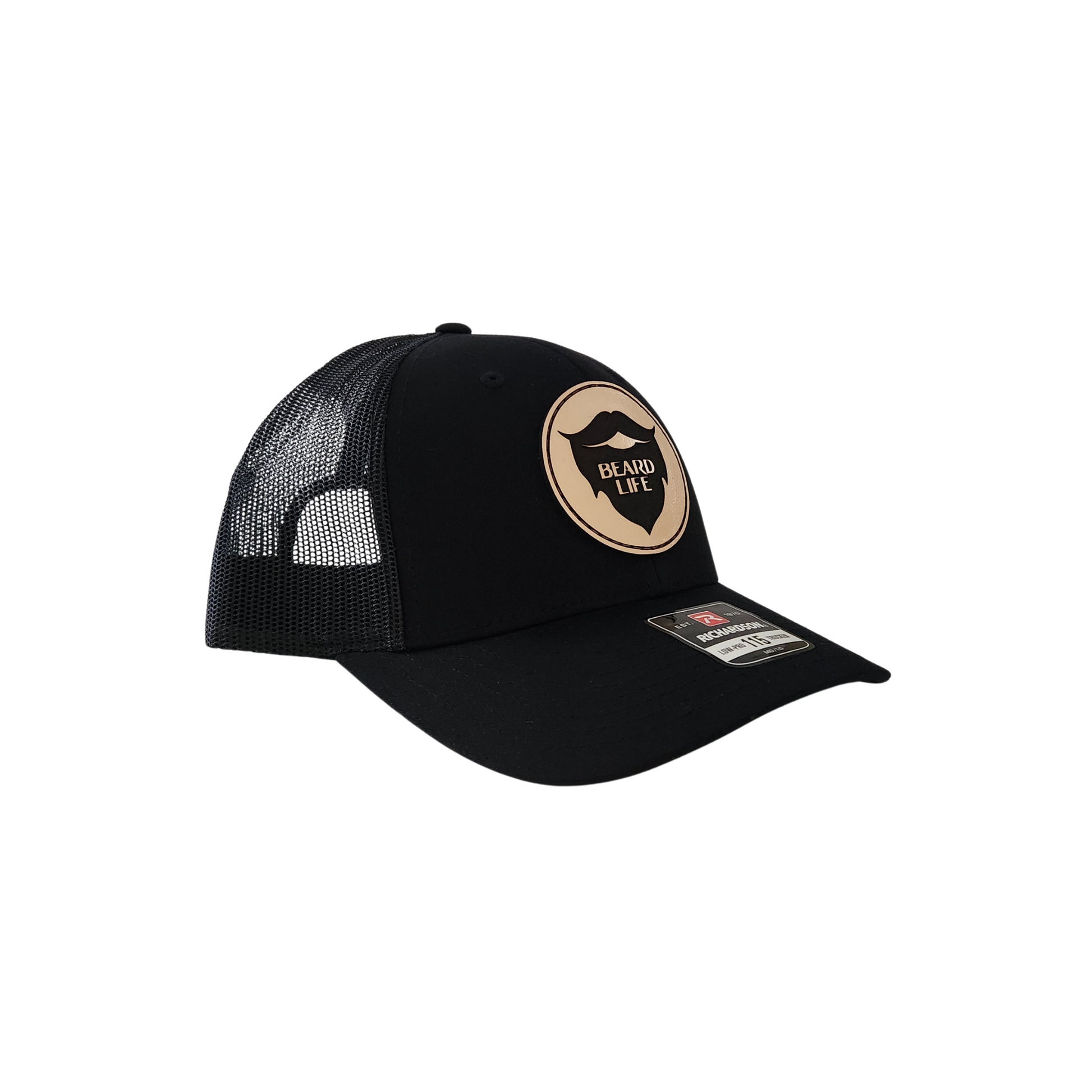 Black mesh trucker hat with beard life leather patch and snap back closure