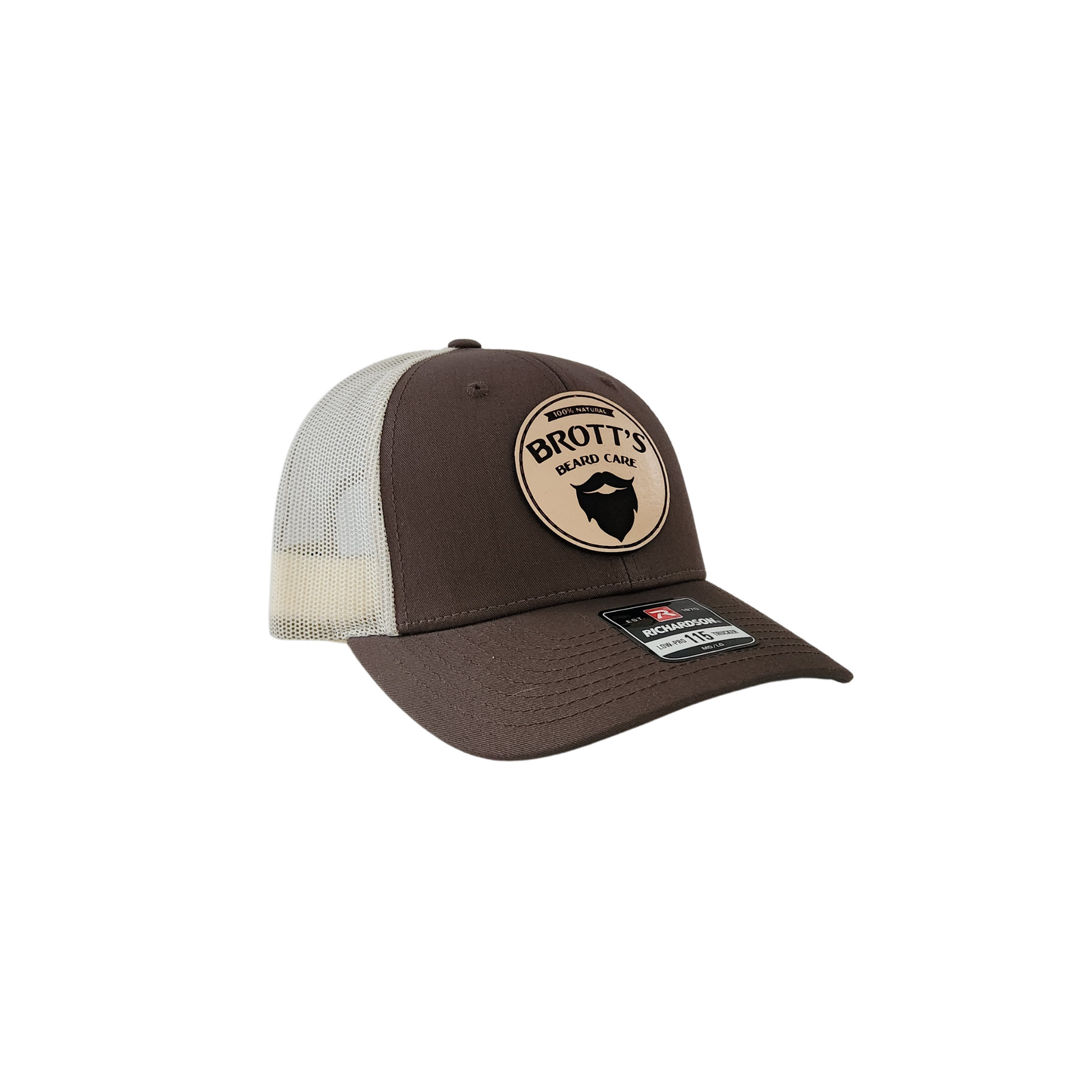 Chocolate chip and birch colored mesh trucker hat with Brott's Beard Care leather patch logo and snapback closure
