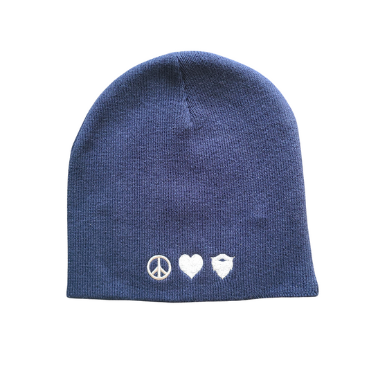 Navy blue beanie embroidered with the peace, love, and beard symbols on the front