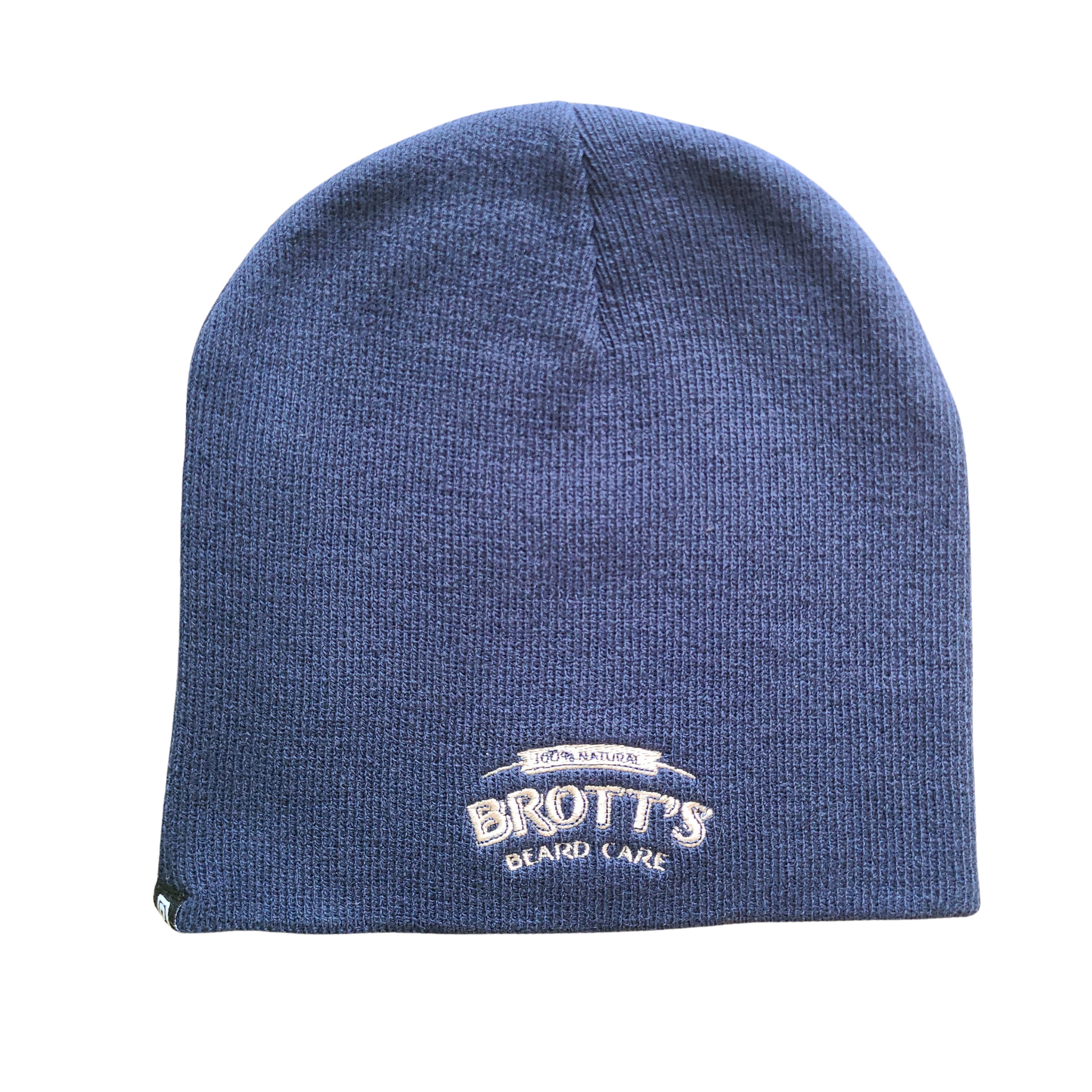 Navy blue beanie embroidered with the Brott's Beard Care logo on the back