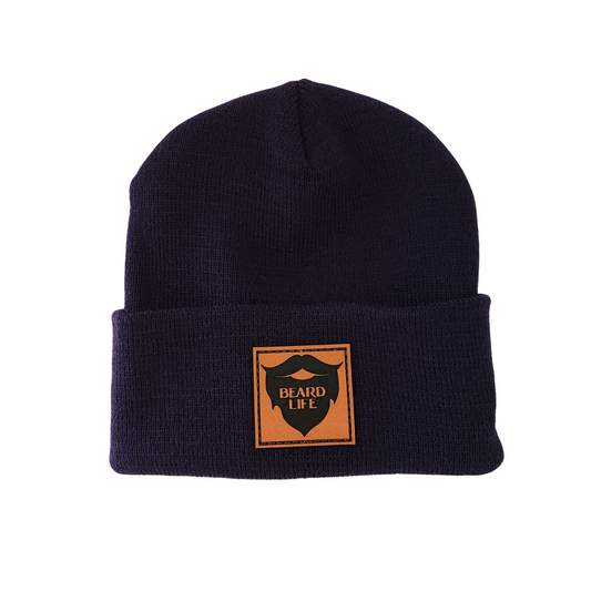 Navy blue Beard Life cuffed beanie with leather patch
