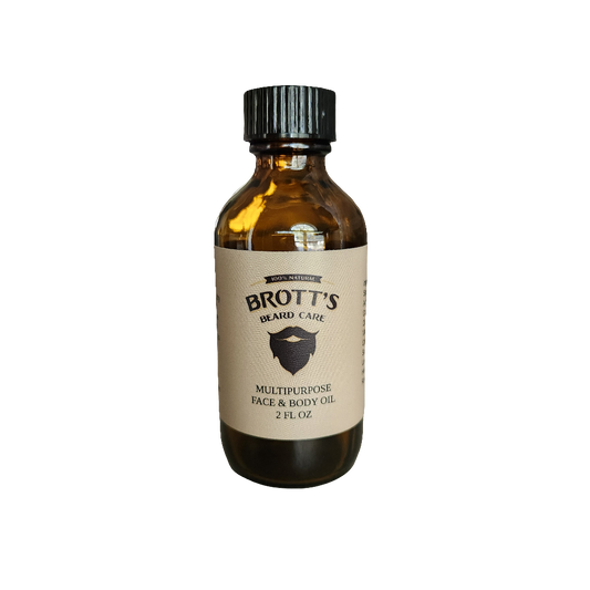 Bottle of Brott's Beard Care multipurpose face and body oil on a white background