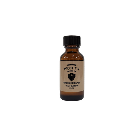 One ounce bottle of all natural beard oil with a leathery, woody, and spicy scent.